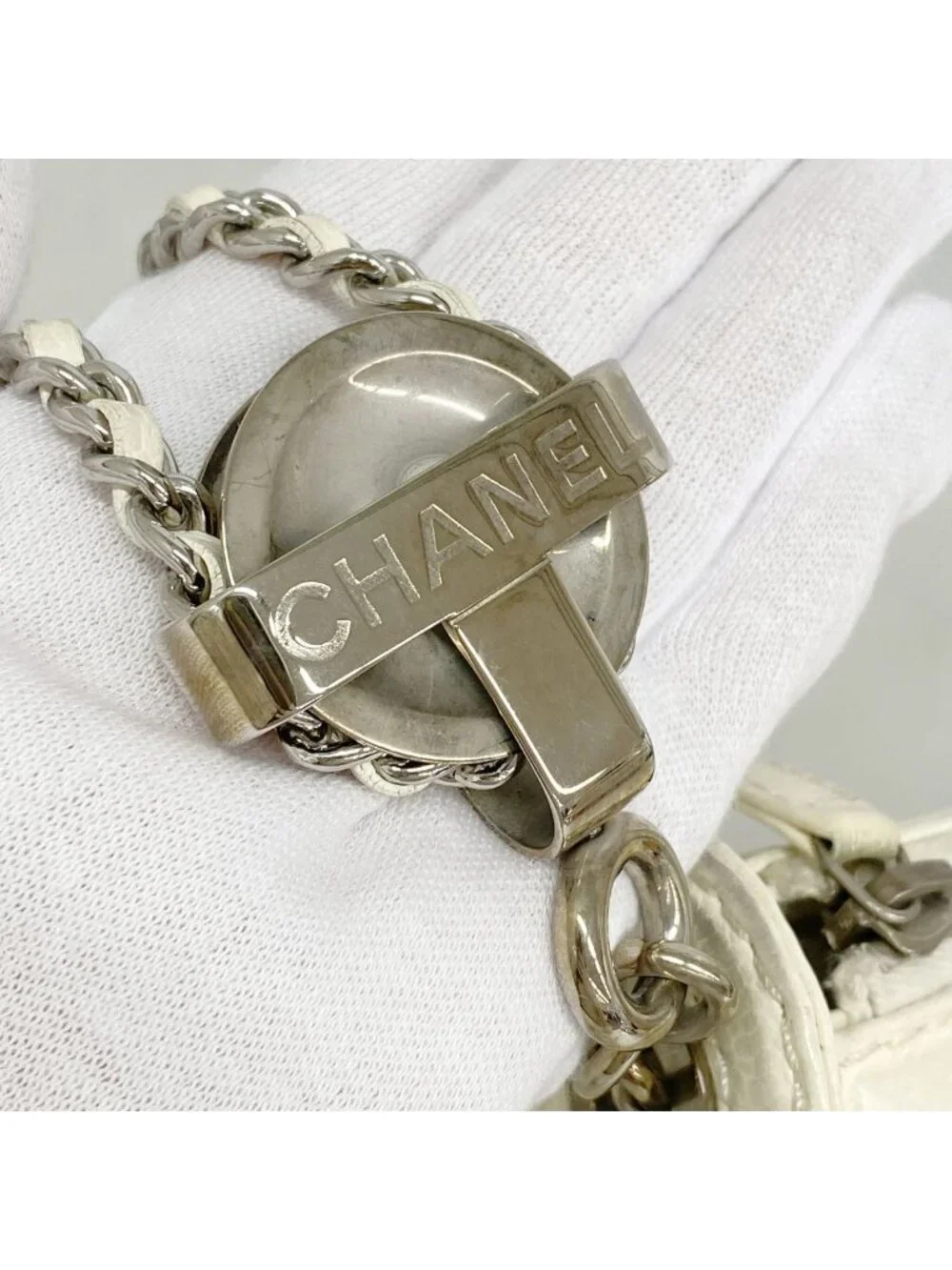 Chanel Shoulder Bag Perforated Leather Ivory Silver